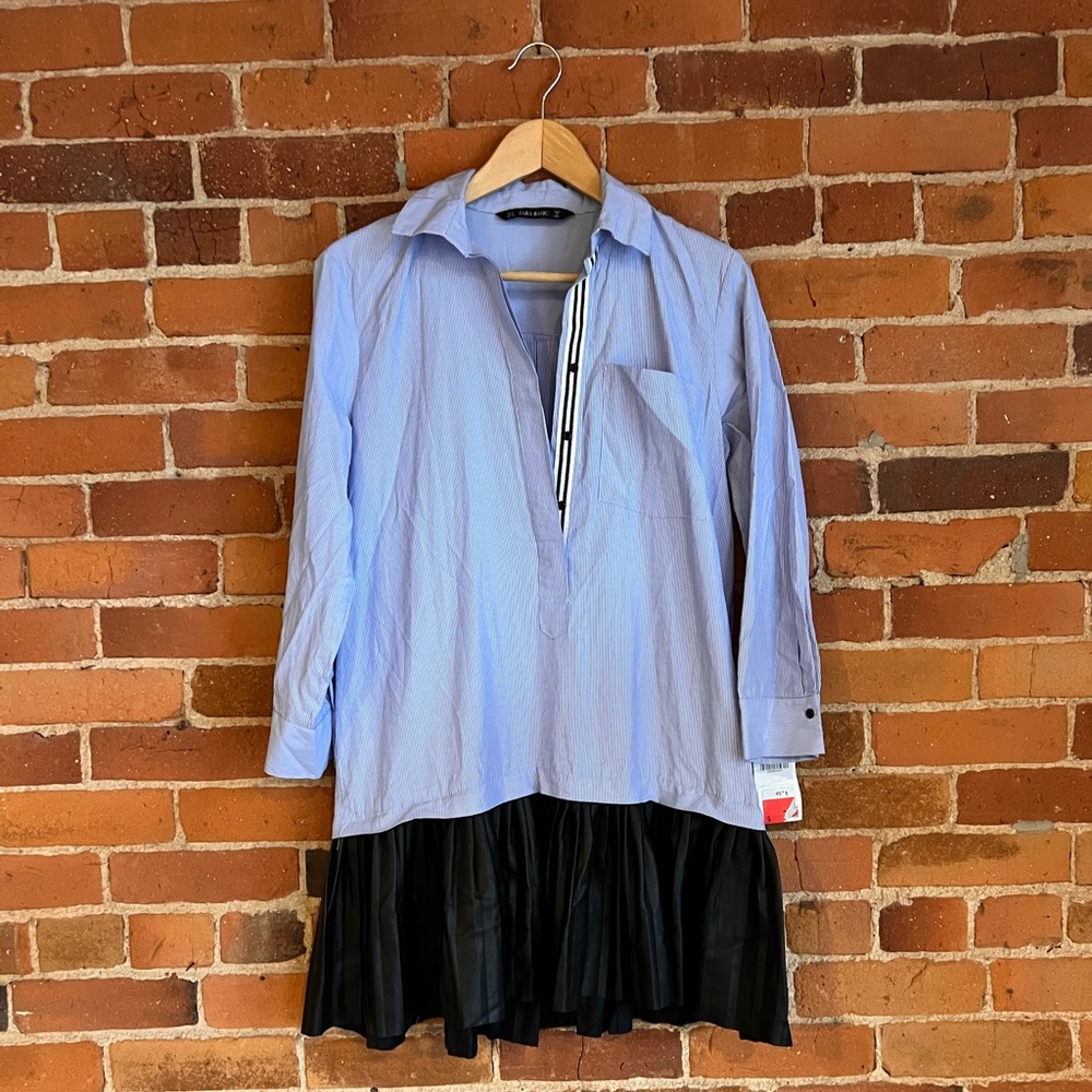 Zara Blue Button Down Shirt Dress with Faux Leather Skirt